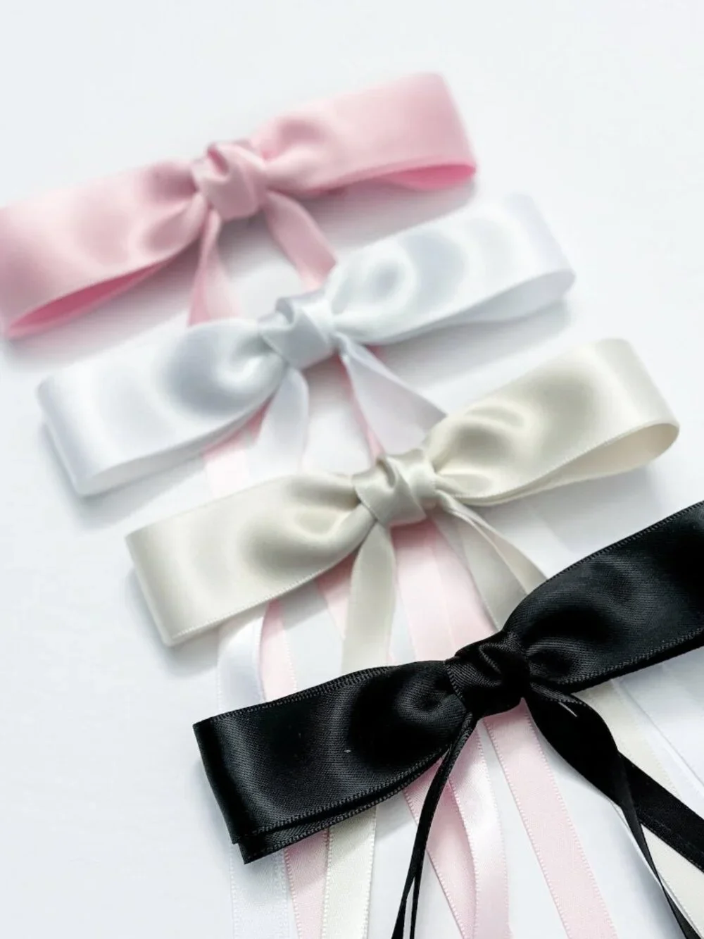 Clip In Satin Bow Hair Barrette 8 Piece Set Black Pink White Ivory Cream